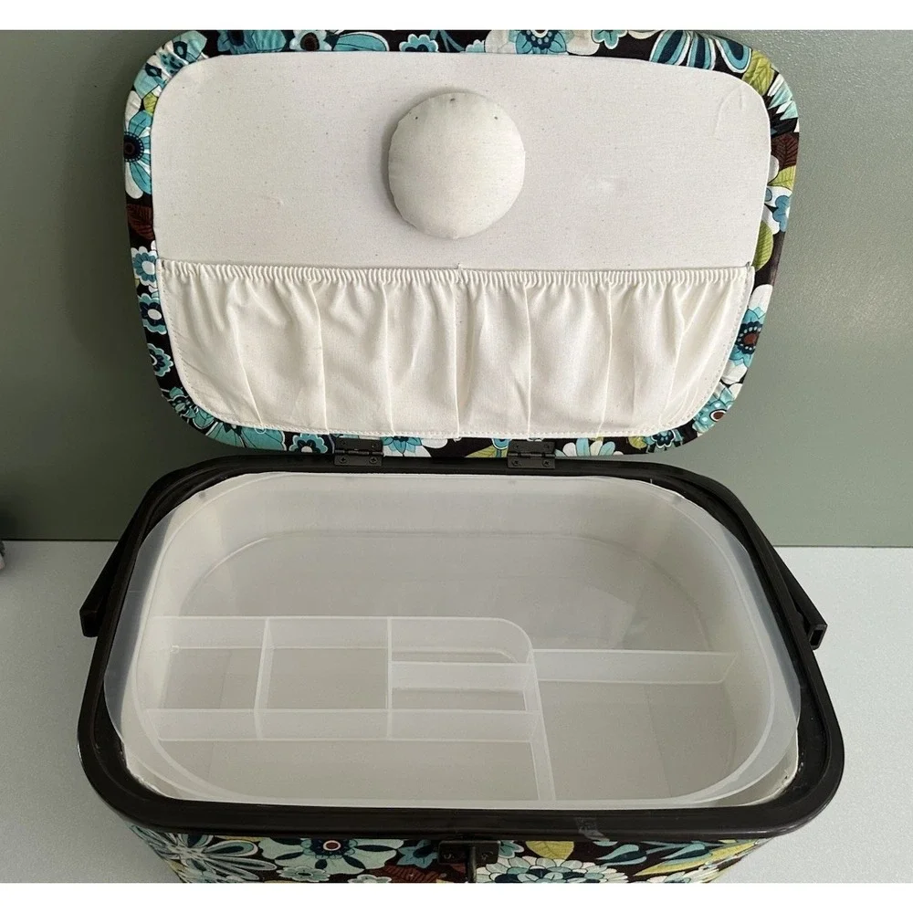 Vintage Dritz Sewing Box Basket Blue & Brown Floral Fabric With Tray Latch Retro